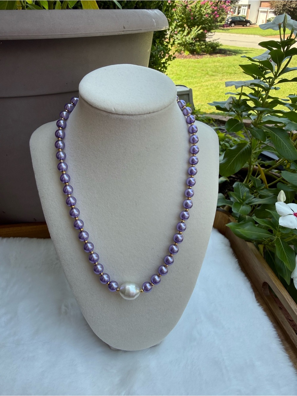 Purple Faux Pearl and Gold 8mm Bead Necklace 18" with Baroque Statement Piece